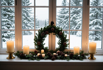 Photo Evergreen wreath with candles on the windowsill in front of a winter scene