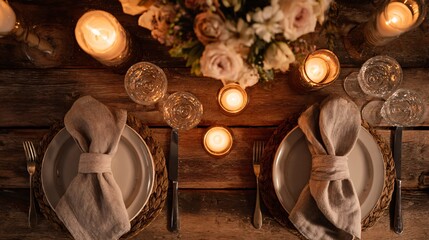 A flat lay of rustic dinner for two, rich wood table, glowing candles and neutral linens