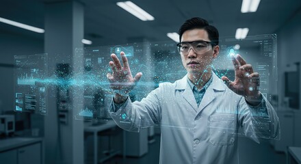 Scientist utilizes advanced holographic interface to analyze complex data streams in a modern laboratory setting, showcasing innovation and scientific discovery