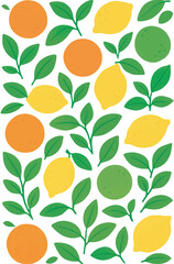 Seamless Citrus Pattern with Lemons, Oranges, and Leaves on Green Background