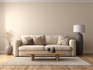Beige living room with a light beige couch, wooden coffee table, and a gray lamp