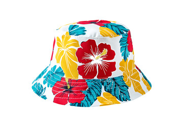 White bucket hat with red yellow blue hibiscus flowers isolated on a transparent background