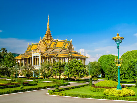 Wat Phnom in the Palace of Phnom Penh, Cambodia. Asian Buddhist Temple in the palace of Cambodia capital Phnom Penh, Wat Phnom. Sunny day with clear blue sky