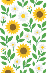Seamless Sunflower Pattern with Green Leaves on White Background