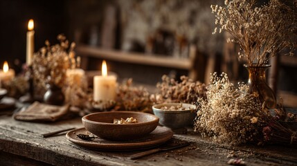 A rustic dinner with flickering candles and dry flowers, brown tones, space for text