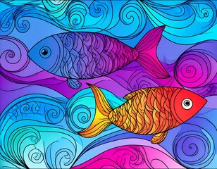 Colorful fish in wavy abstract water