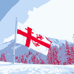 White flag with red cross and lion in snowy mountains