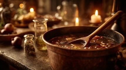 A top-down of stew pot and wooden spoon, candlelight ambiance, rustic kitchen visual