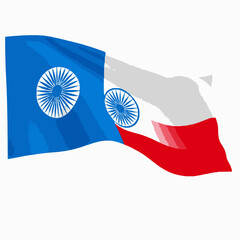 Waving blue white and red flag with blue wheel symbols