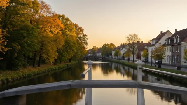 Serene river flowing through autumn trees and buildings reflecting tranquility