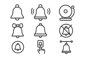 Ring bell icon collection, editable stroke line art, notification and alarm concepts, vector cartoon illustrations for infographics, articles, books, flyers, banners, transparent background