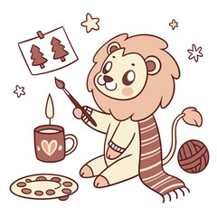 An adorable Lion with a Amused vibe, holding a paintbrush, and a Warm Cozy Christmas theme – SVG style