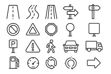 Road and Traffic Icon Set with Thin Editable Strokes, Vector Cartoon Illustrations for Web, Books, Cards, and Apps, Transparent Background, Organized Collection of Transportation Symbols