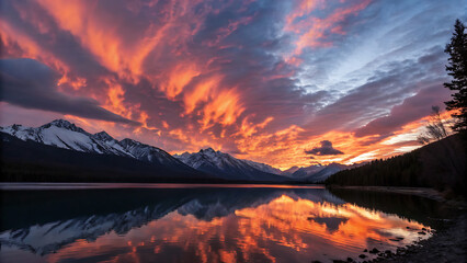 Fiery sunset over majestic mountains reflected in a serene alpine lake