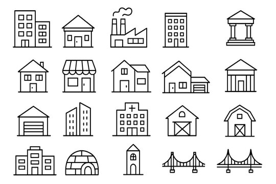 Building and real estate thin line icon set bundle. Vector graphics includes house, home, office, factory, hospital, bank, store, bridge, barn. Editable stroke outline icons.