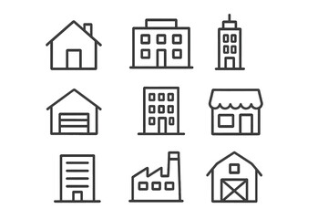 Building line icon set. Real estate and architecture symbols. House, office, store, factory, barn, garage, skyscraper outline icons. Simple vector illustration with editable stroke.