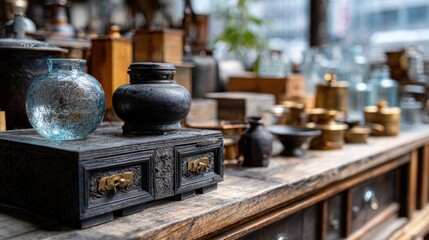 Fototapeta premium Antique decorative items displayed on a rustic wooden counter in a shop.