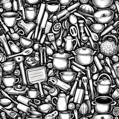 Seamless kitchen doodle pattern, hand-drawn style, black and white sketch illustration set of kitchen utensils