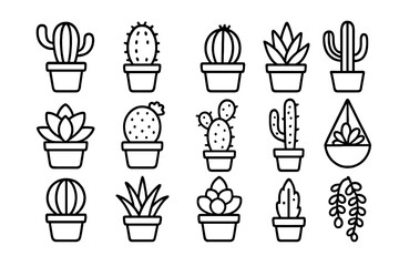 Cactus and succulent line icon set. Vector illustration of potted desert houseplants. Minimalist outline icons for web design, apps. Editable stroke plant symbol collection.