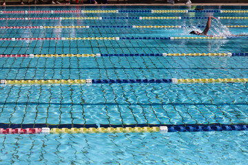 A swimmer in a large public pool with floating lane dividers.