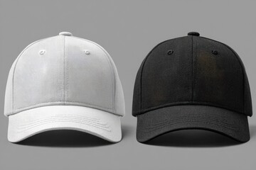 Two blank baseball caps, one white, one black,  on a gray background