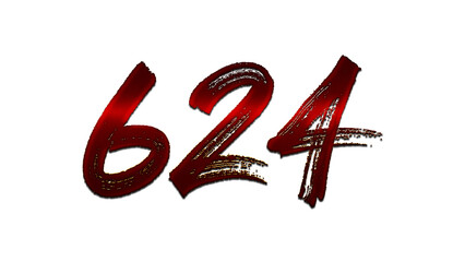3D blood red number design of 624 on white background.