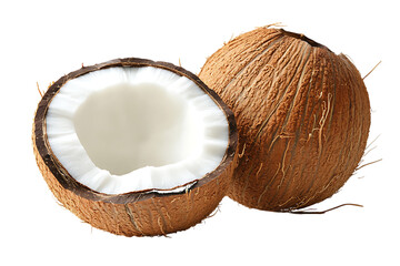 Whole and Halved Coconut with White Flesh isolated on a transparent background fruit 2