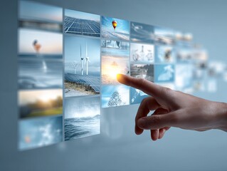 Hand pointing to a photo on a digital grid of images