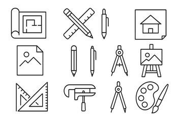 Drafting & drawing outline icon set. Linear vector symbols for architecture, art & design. Includes blueprint, pencil, ruler, compass, easel & paint palette tools. Editable stroke.