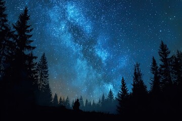 Naklejka premium Silhouette of person in forest under a vibrant night sky with a prominent milky way