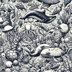 Seamless vintage vector pattern with floral and sea animals 1