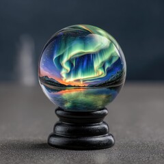 A glass sphere, meticulously crafted, captures a breathtaking aurora borealis scene.  Dark, smooth wooden pedestal