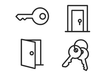 Key and Door Icon Bundle, Thin Outline Editable Stroke Vector Set for Web, Apps, Books, Cards, Transparent Background, Cartoon Style, Security, Access, Entry