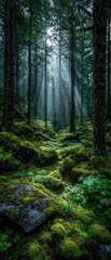 Fototapeta premium Sunlight streams through a mystical forest, bathed in mossy green