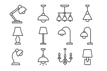 Lamps and Chandeliers Icon Set, Thin Line Editable Stroke, Vector Cartoon Illustrations for Web, Apps, Books, and Cards with Transparent Background, Lighting Designs Collection