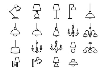 Collection of Thin Line Lamp and Chandelier Icons, Editable Stroke Vector, Ideal for Websites, Books, Cards, and Apps, Cartoon Style Transparent Background Lighting Symbols