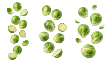 brussels sprouts vegetable set PNG. Healthy, organic and ripe Brussels sprouts falling down isolated. Green Brussels sprouts suspended in air for healthy vegan vegetarian food isolated