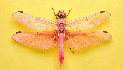 Here's a vivid and descriptive prompt to generate a beautiful image of a large pink dragonfly against a yellow background:

**Prompt:**
*