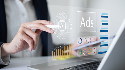 Professional businessman using artificial intelligence ai data information analysis online advertisement digital marketing strategy technology business concept
