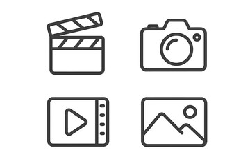Set of Minimalistic Line Icons Including Clapperboard, Photo Camera, Movie Play Button, and Picture Frame. Editable Stroke Vector for Cards, Apps, Banners, and Social Media Posts Design