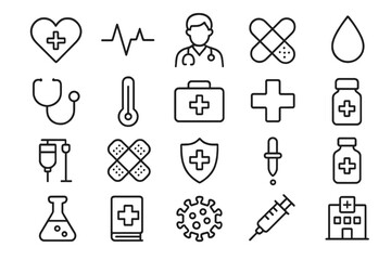 Set of Minimalistic Line Icons for Health Care and Medical Treatment, Editable Stroke Vector Pictograms for Medical Apps, Banners, Cards, and Posts Design, Hospital and Pharmacy Symbols