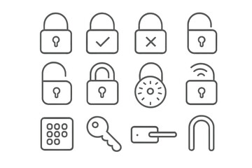 Padlock and lock outline icons collection, simple linear security symbols, editable stroke vector set for websites, apps, cards, digital and print design, cartoon style illustration