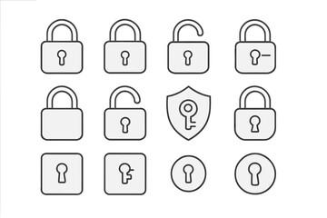 Set of padlock and lock icons in thin stroke style, editable vector illustration for web design, apps, books, security, protection, transparent background, cartoon style