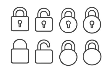 Simple padlock and lock line icons collection, editable stroke vector set for web, app, books, cards, security symbols, isolated cartoon style transparent background