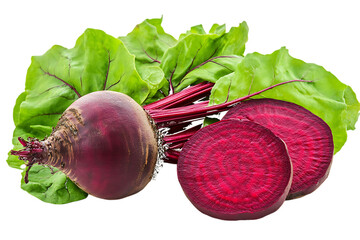 Whole Beetroot with Sliced Beetroot and Green Leaves isolated on a transparent background