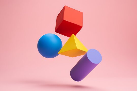 Vibrant 3D Geometric Shapes Floating on Pink Background