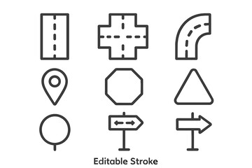 Road and Traffic Icons Set with Editable Stroke, Vector Cartoon Style, Perfect for Websites, Books, Apps, Navigation, Maps, Location, Signs, and Transport Design Elements