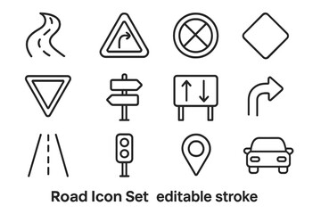 Editable Road and Traffic Icon Set with Transparent Background, Vector Cartoon Style, Perfect for Websites, Books, Cards, and Apps, Ordered Collection of Essential Road Symbols