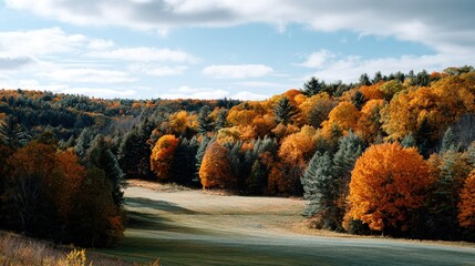 Obraz premium A scenic autumn vista reveals a hillside blanketed in vibrant fall foliage, with a meadow stretching across the foreground, bathed in the warm light of a clear day.