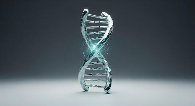 Futuristic polygonal DNA structure glowing with data on a dark grey background, symbolizing genetic engineering and biotechnology.